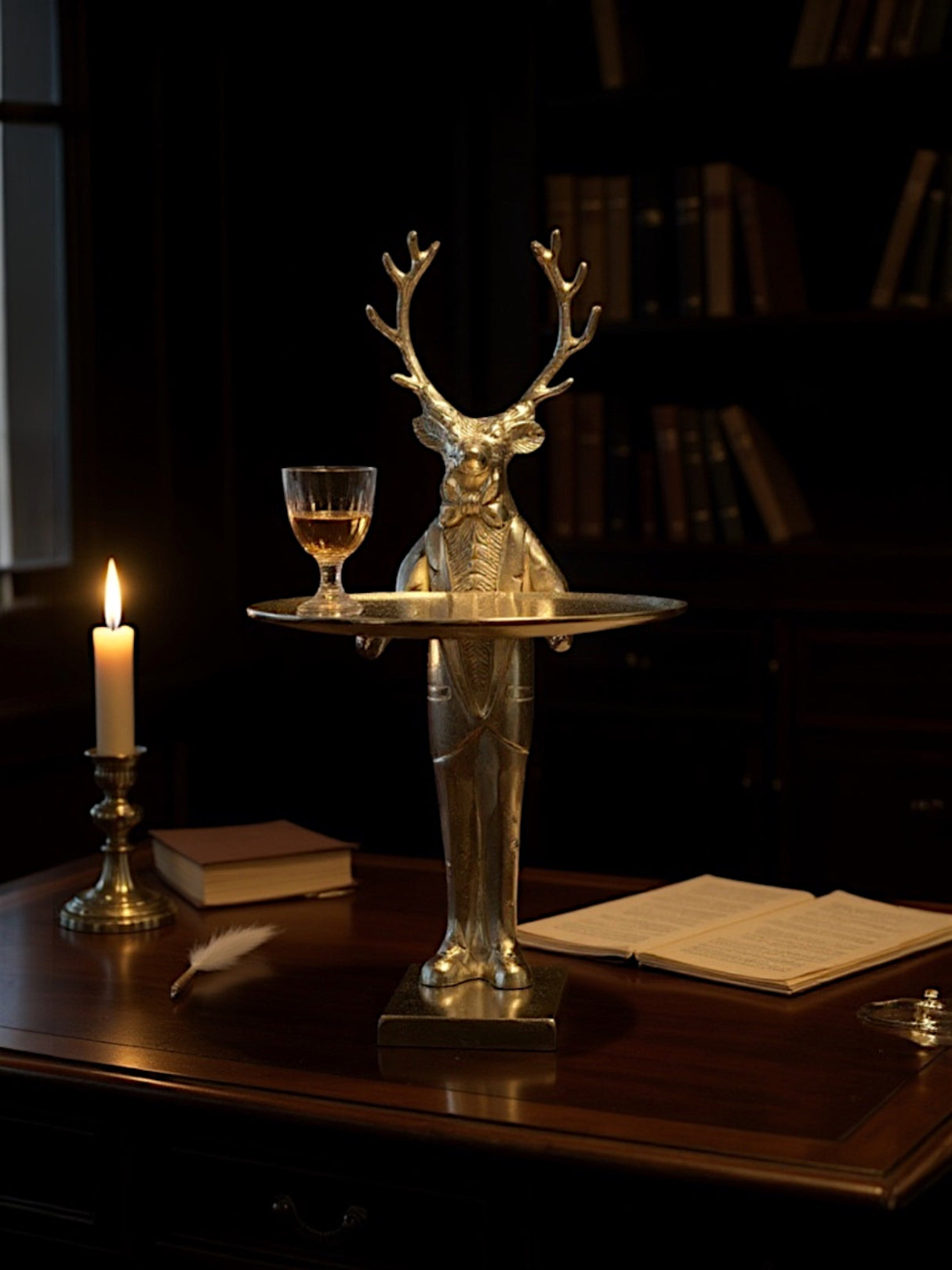 Gold Cast Aluminum Reindeer with Butler Serving Tray