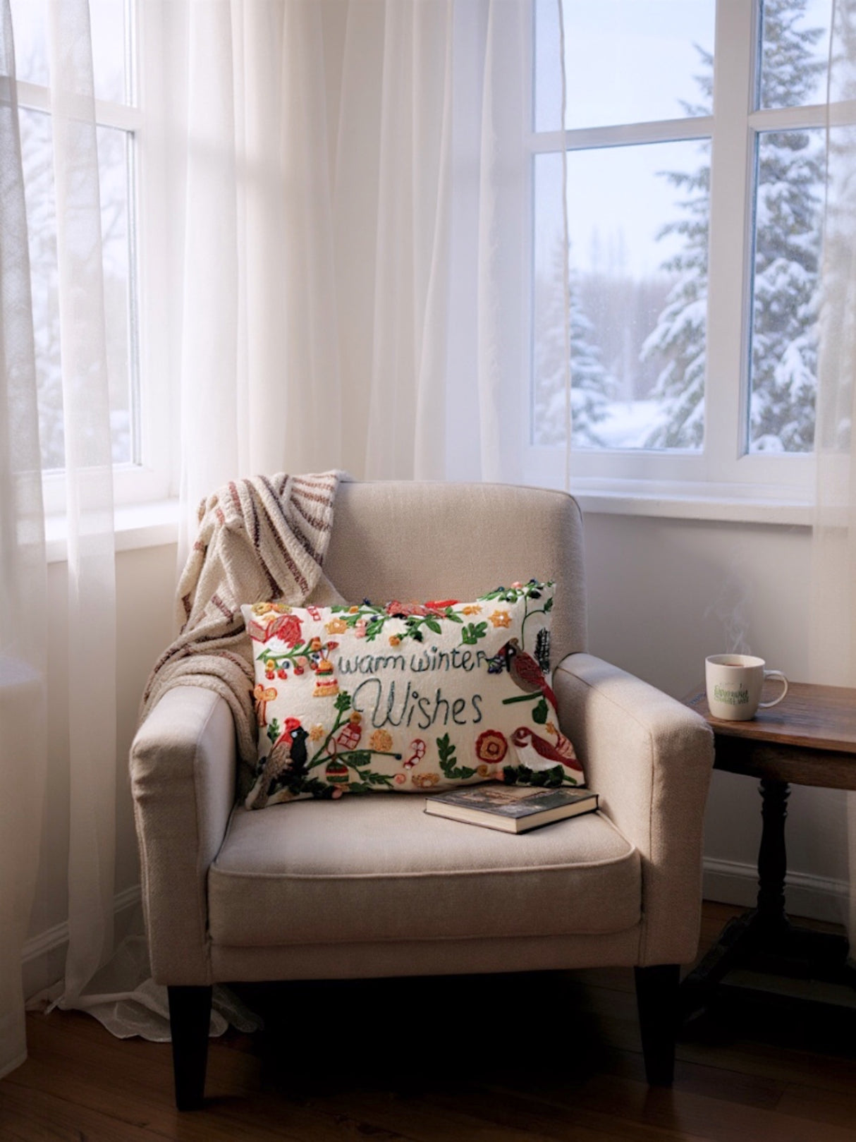 Birds & Warm Winter Wishes Embroidered Lumbar Pillow