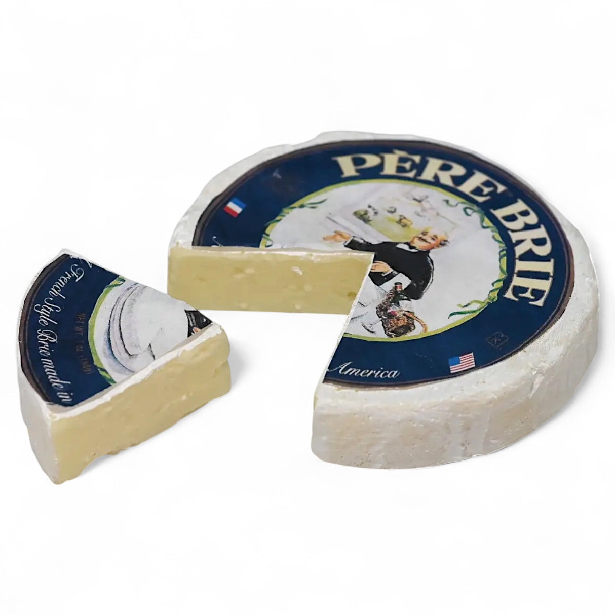 Realistic fake brie cheese round with a cut wedge and labeled rind for display or decor use