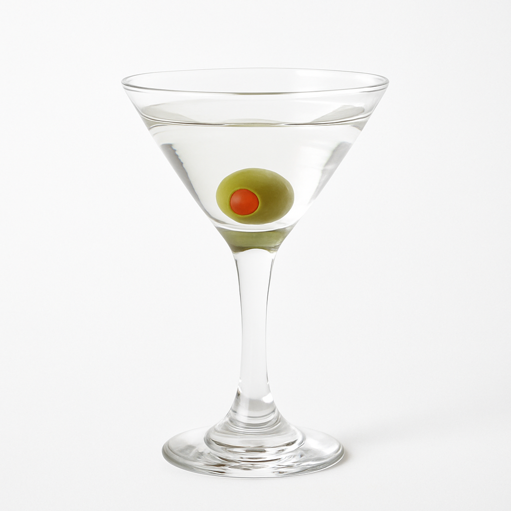 Realistic fake martini glass with olive garnish for display or decor use.