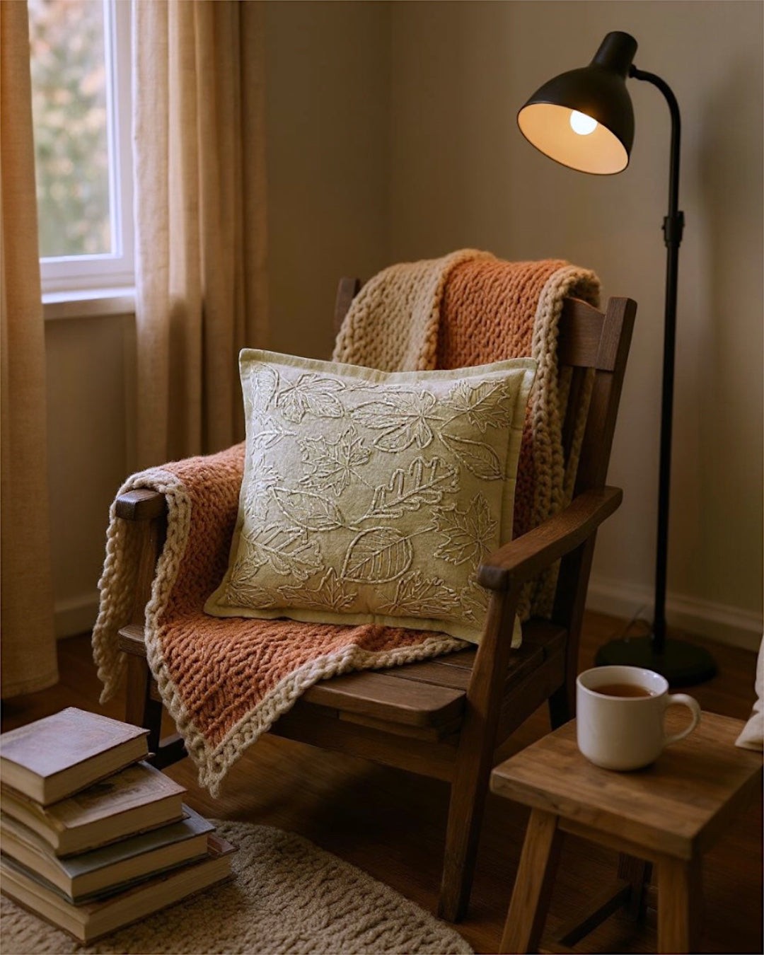 Embroidered Fall Green Leaf Throw Pillow
