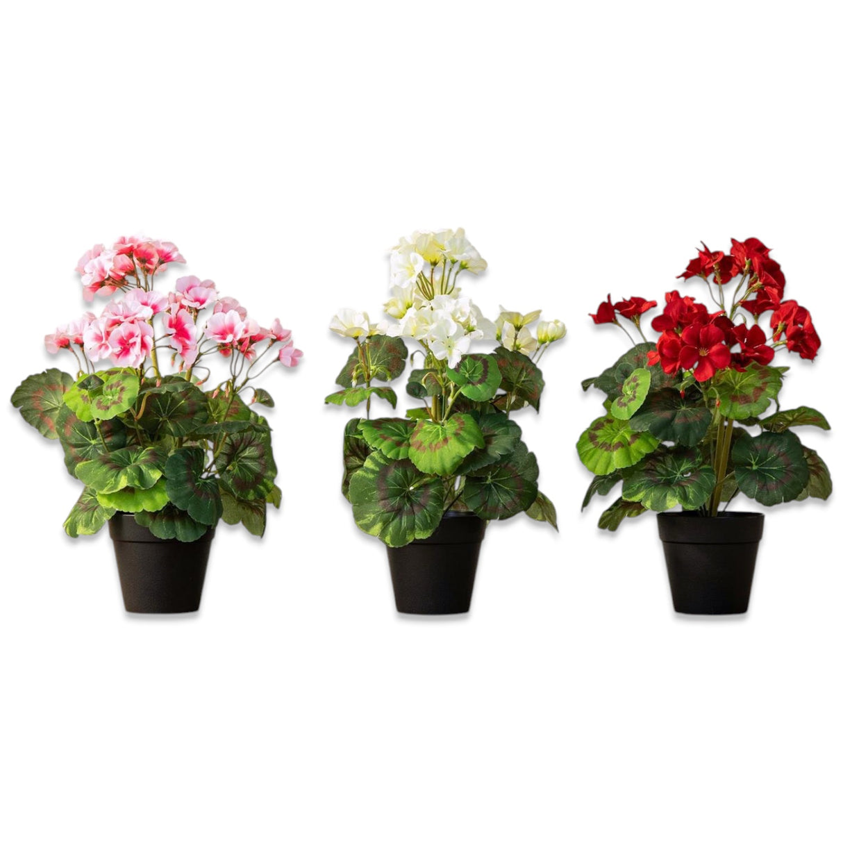Artificial potted geranium in a black weighted pot, available in three colors, 14 inches tall.