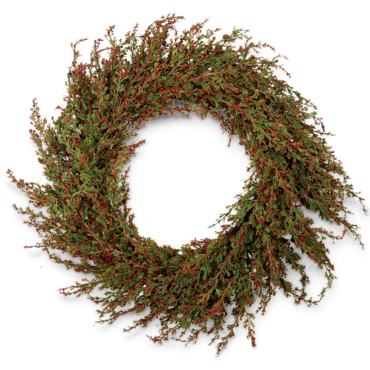 Round faux cypress wreath with full green branches, tiny red berries, and loosely extending sprigs around an open center