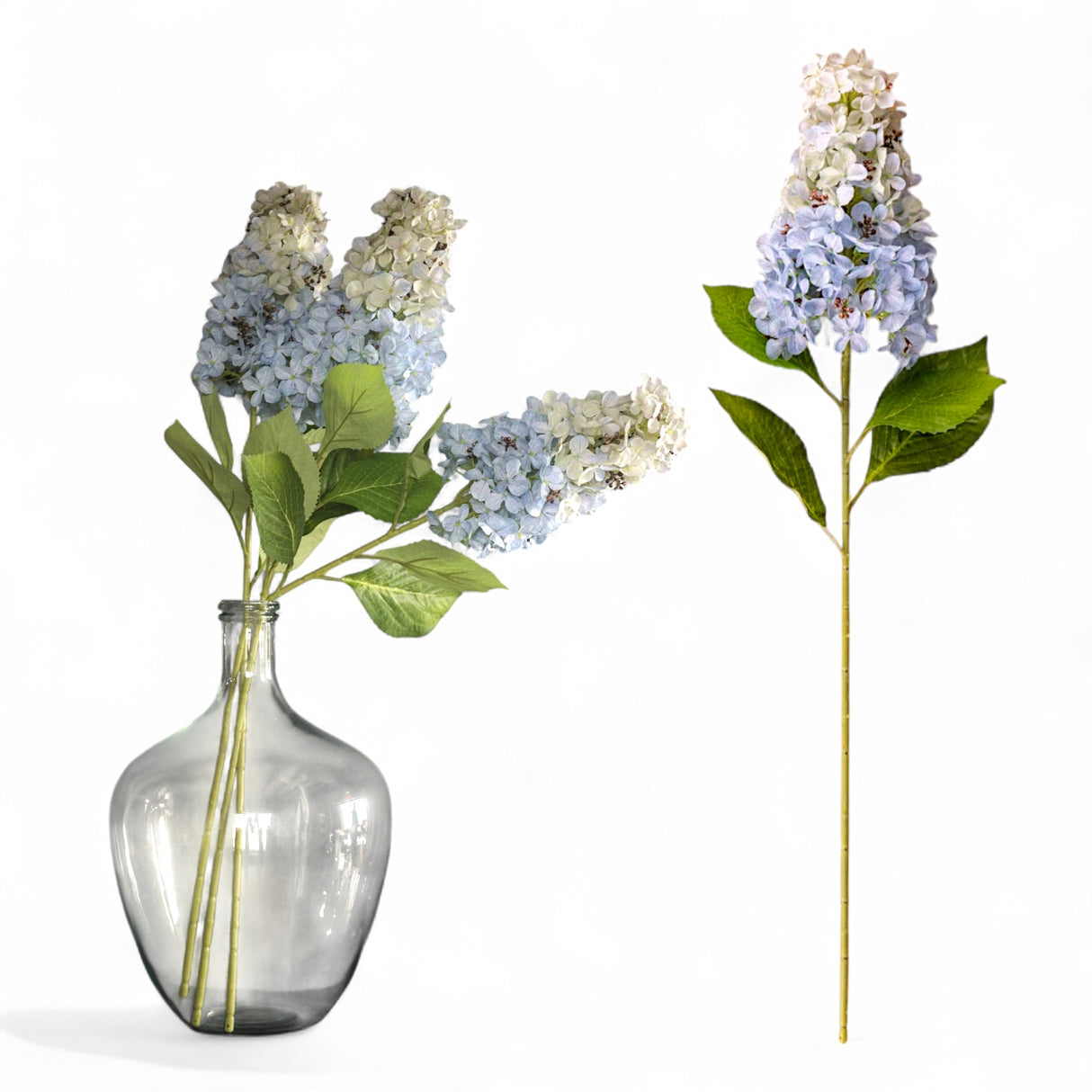 Faux light blue cone hydrangea stem with realistic green leaves, 32 inches long