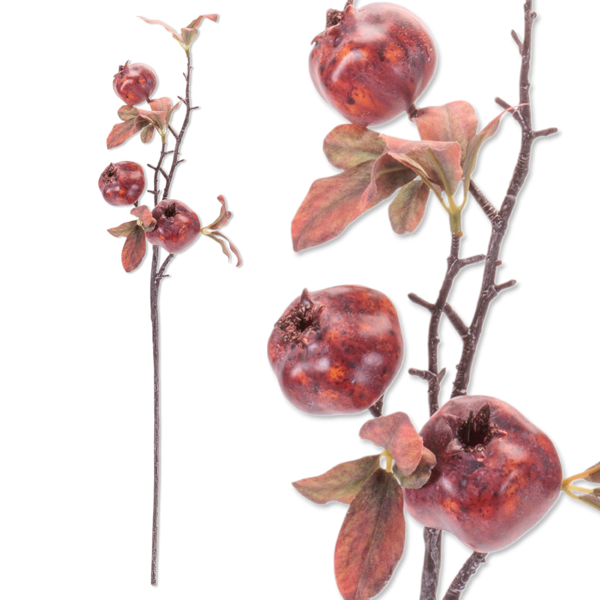 Artificial pomegranate branches with red fruits and green leaves