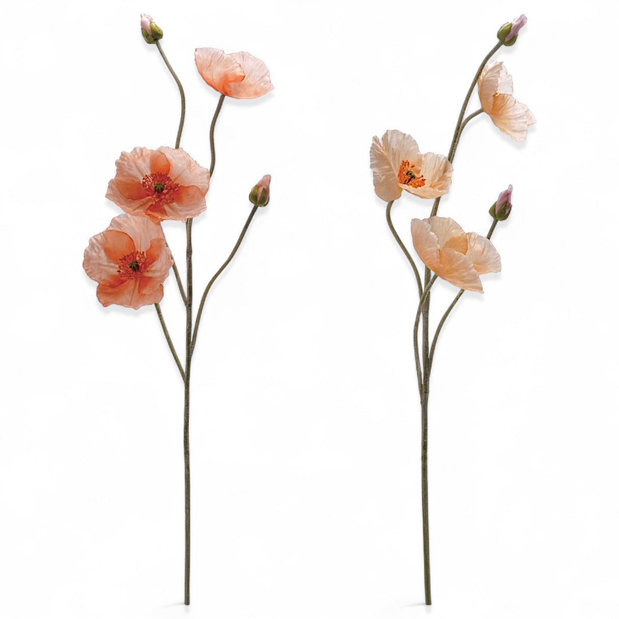 Faux poppy flower stem with peach and coral blooms