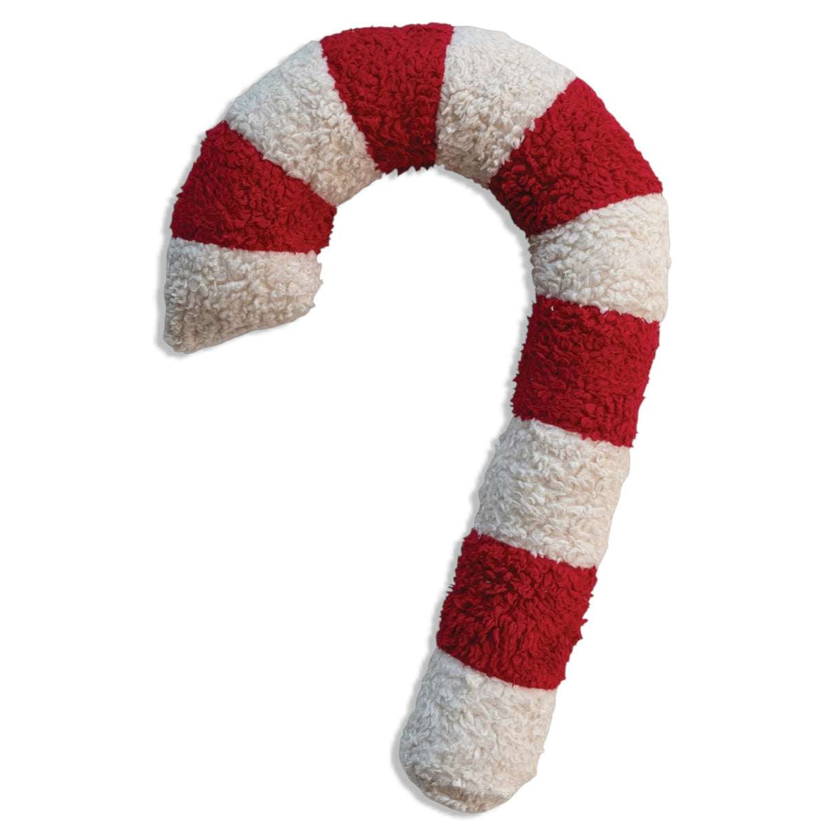 Red and white faux sherpa candy cane shaped pillow