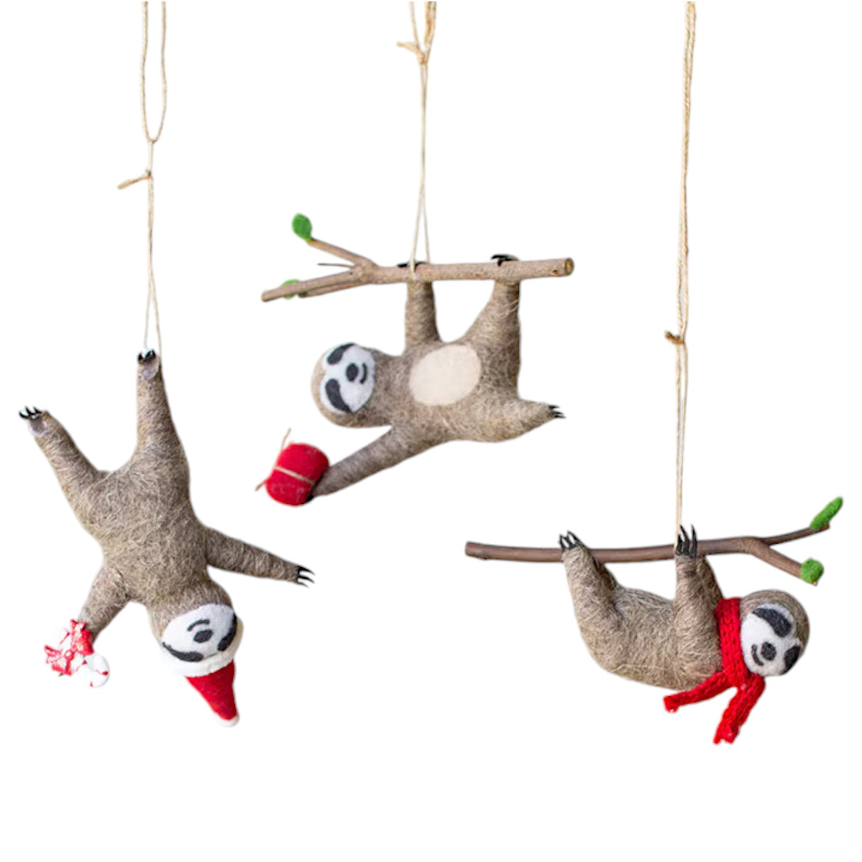 3 felt sloth ornaments hanging upside down