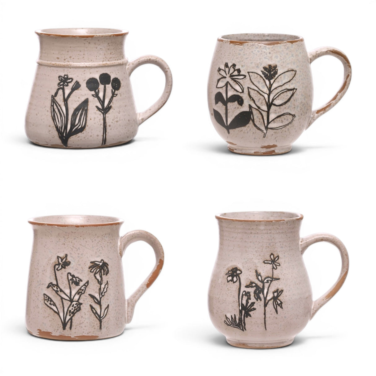 ceramic mug with black floral design and reactive glaze for coffee, tea, and everyday kitchen use
