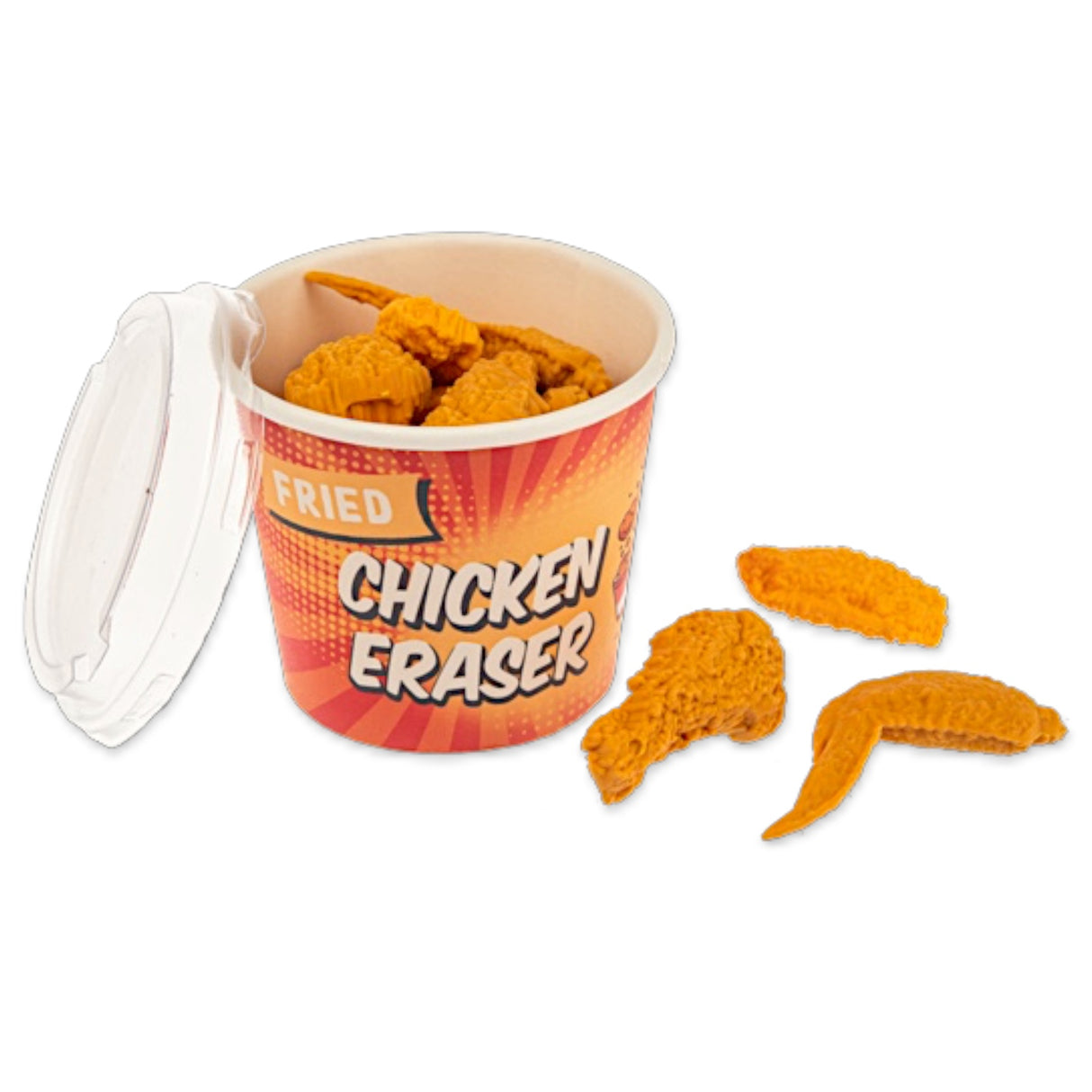 Mini fried chicken bucket with 8 realistic chicken shaped erasers