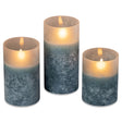 Frosted blue glass flameless candle with a flickering LED flame, available in 4", 5", and 6" sizes.