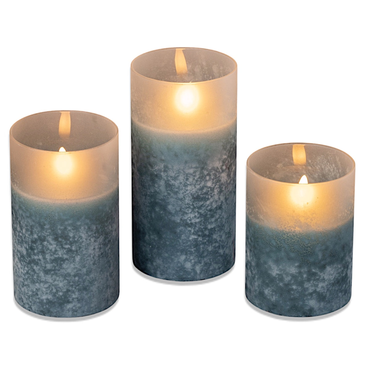 Frosted blue glass flameless candle with a flickering LED flame, available in 4", 5", and 6" sizes.