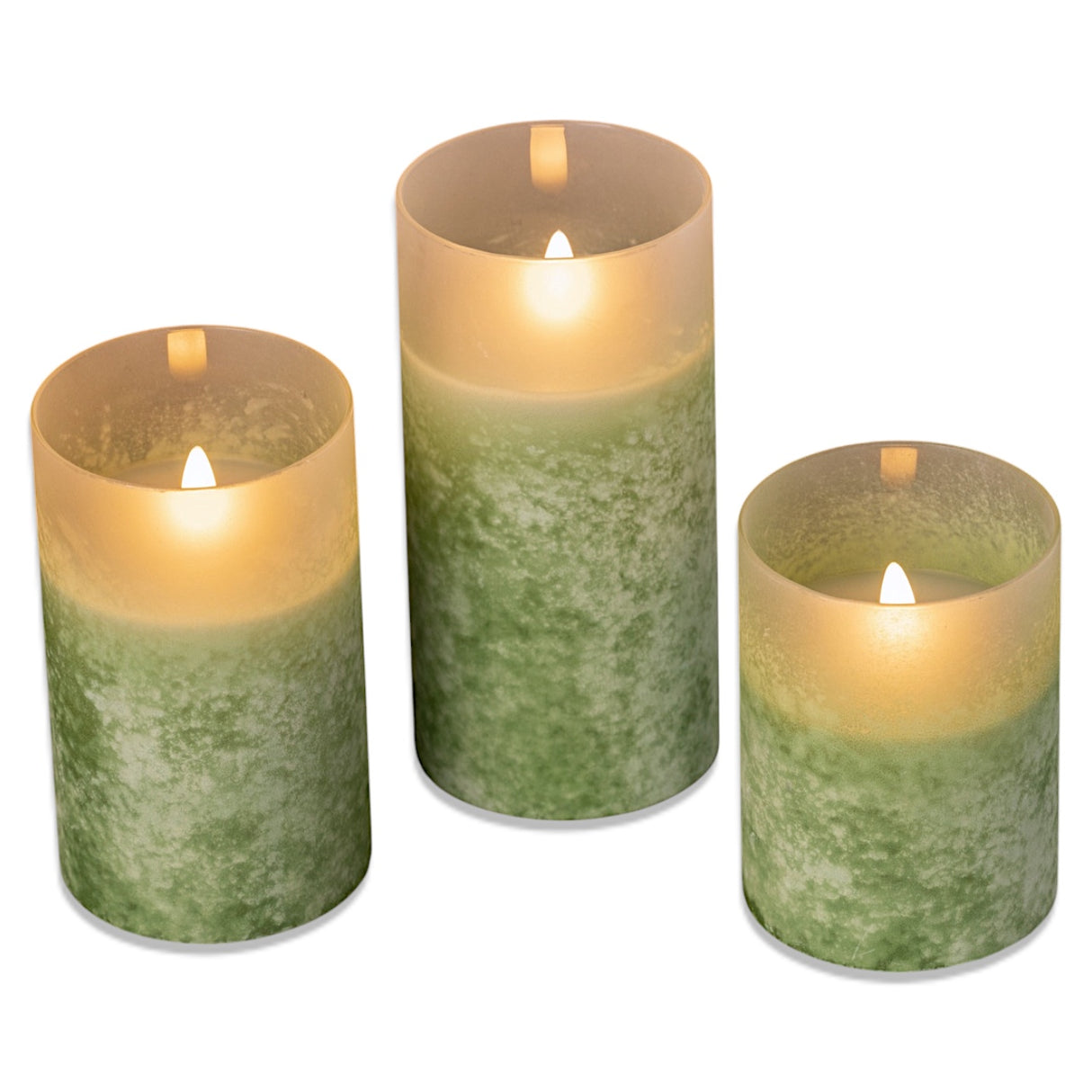 Frosted green glass flameless candle with a flickering LED flame, available in 4", 5", and 6" sizes.