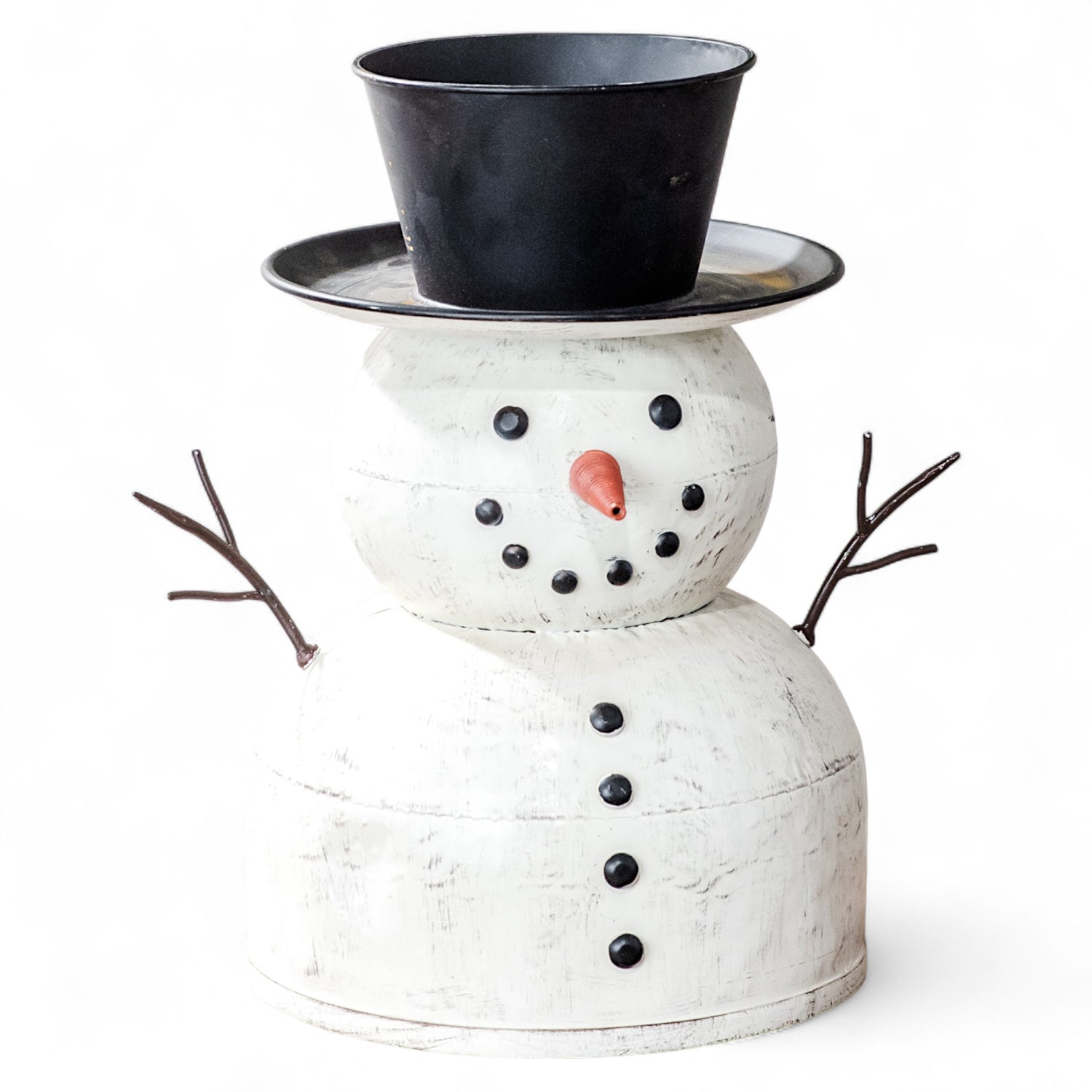 Metal tin snowman 14.5 inches tall with black hat, twig arms, and white painted finish