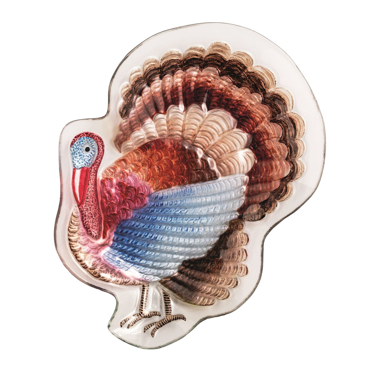 Fused glass turkey platter with colorful hand-painted details