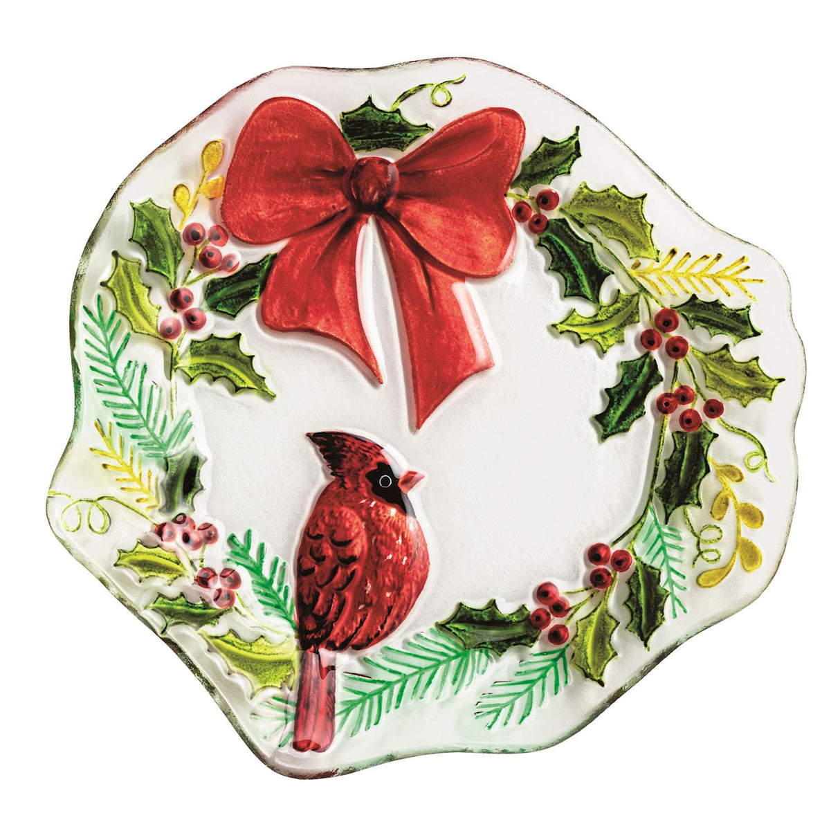 Hand-painted fused glass wreath plate with cardinal and red bow, 12-inch holiday design