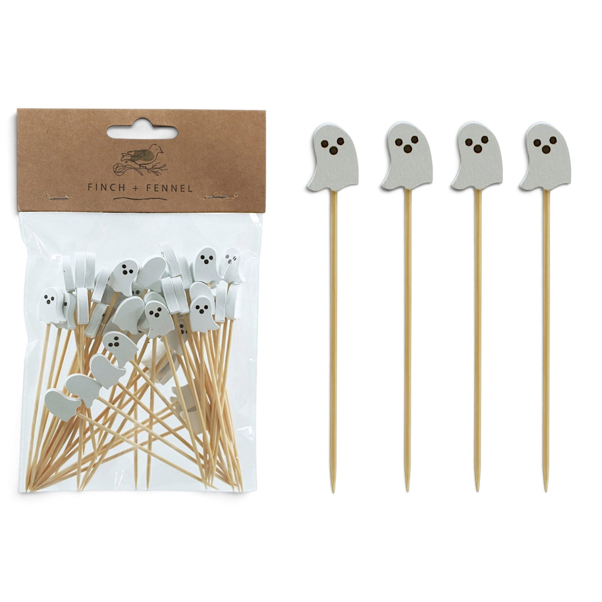 White ghost bamboo cocktail picks for Halloween appetizers drinks and party food set of 50
