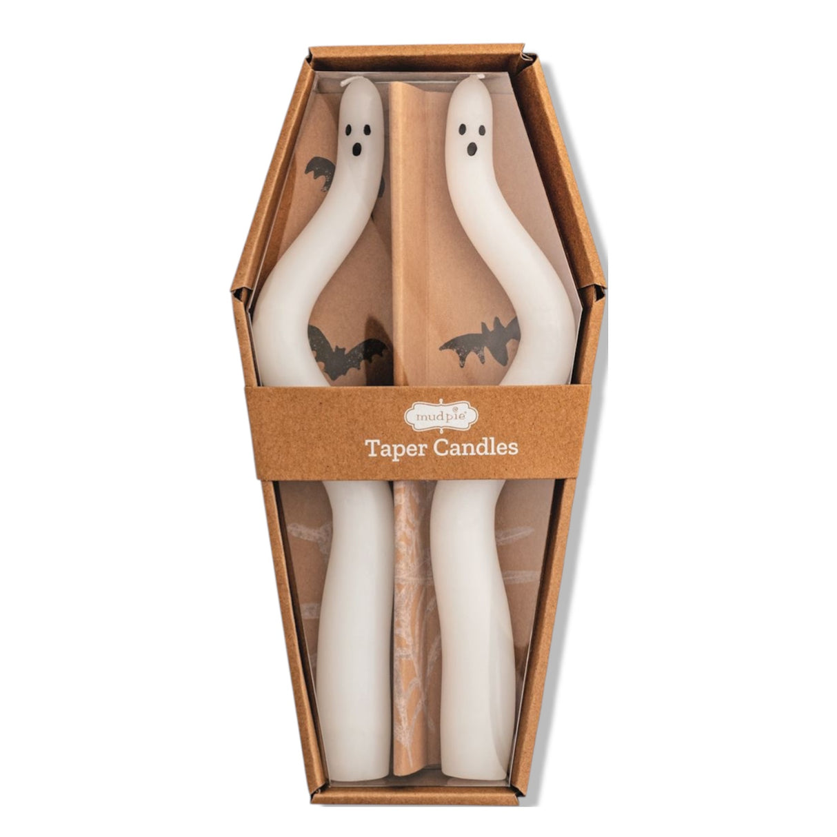 set of two 9" white ghost-shaped taper candles in coffin box