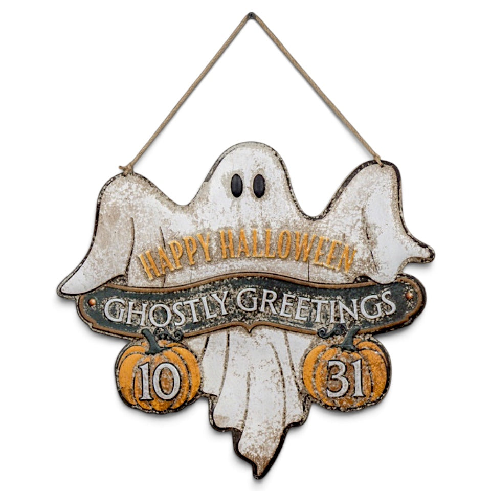 Ghostly Greetings metal Halloween sign with white ghost orange pumpkins and vintage distressed finish