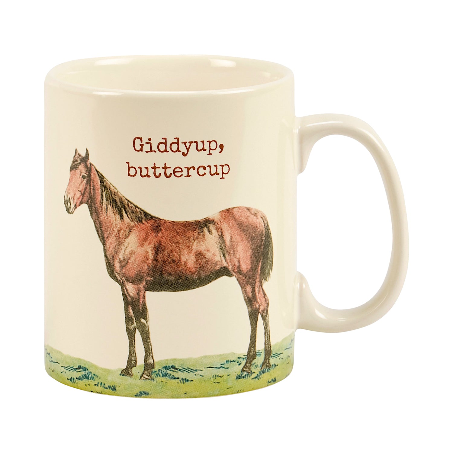 White 20 oz stoneware mug with vintage horse illustration and "Giddyup, Buttercup" phrase printed on both sides