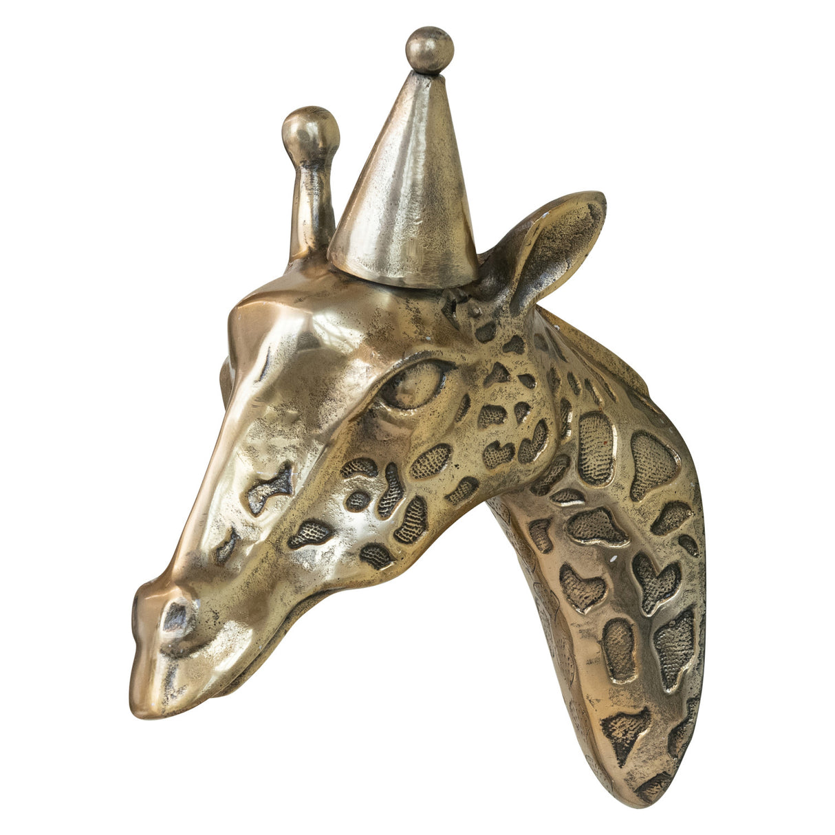Cast aluminum giraffe head wall décor with party hat, antique brass finish