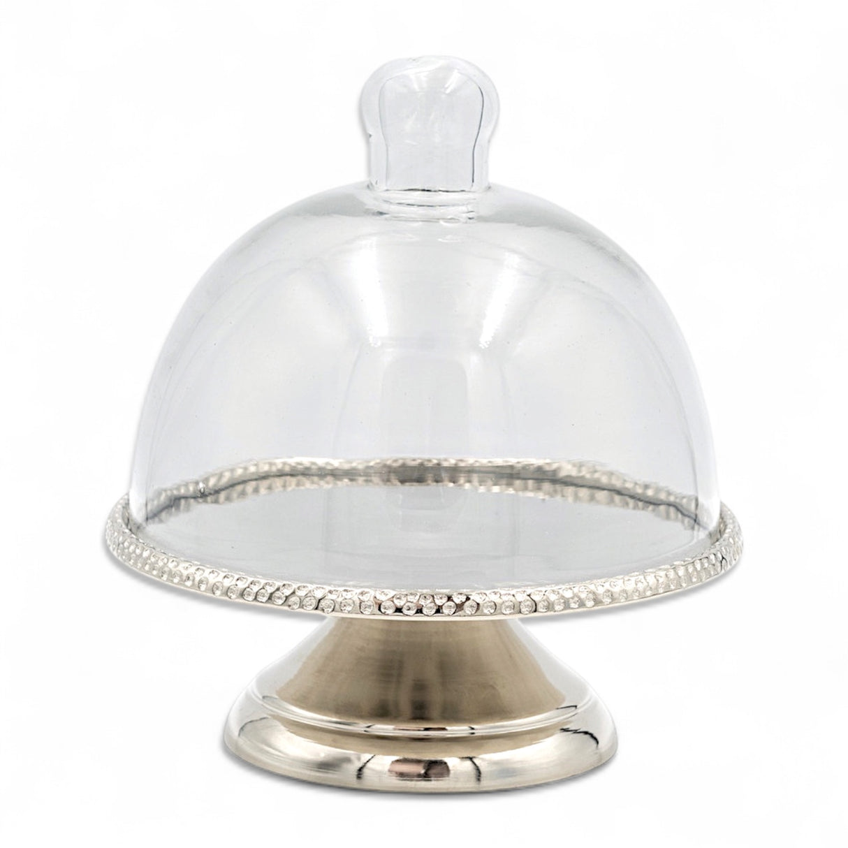 Glass cloche with silver aluminum pedestal and beaded edge
