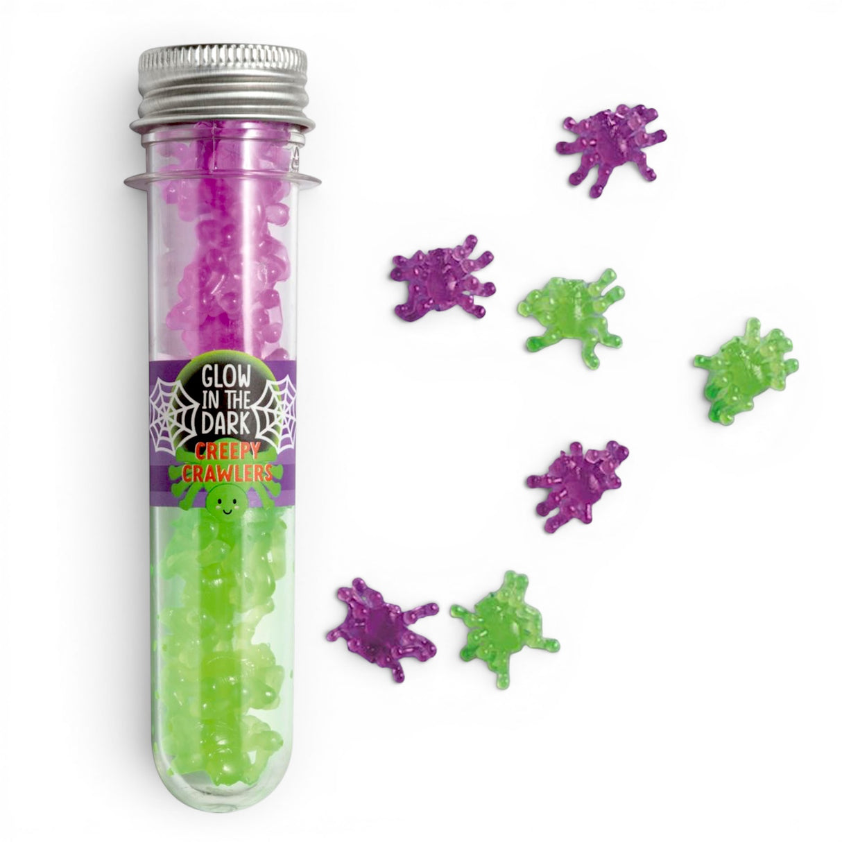 Green and purple glow-in-the-dark creepy crawler spiders in an acetate tube