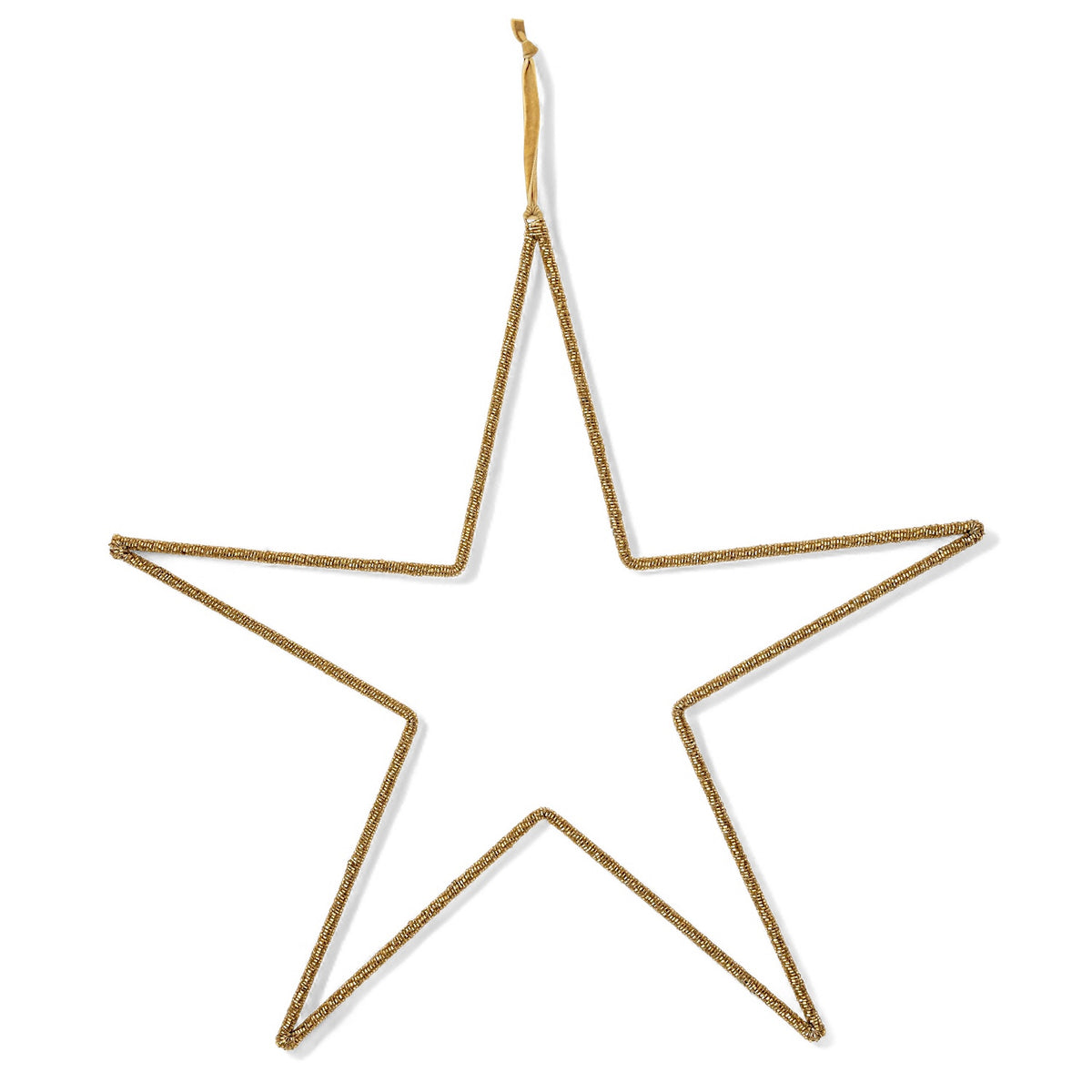Gold wire and glass beaded hanging star with velvet ribbon, 20 inches