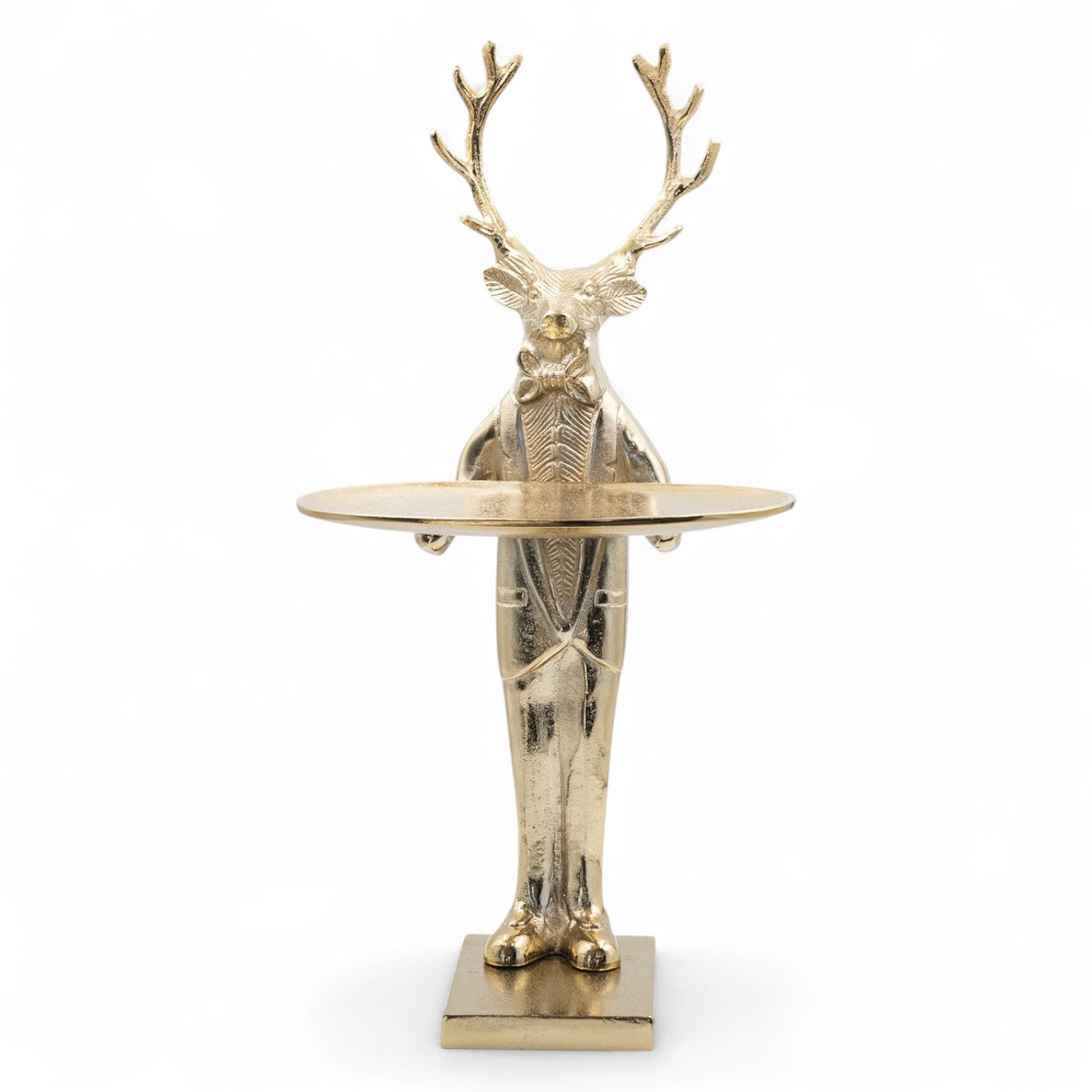 Cast aluminum deer figure with gold finish holding tray