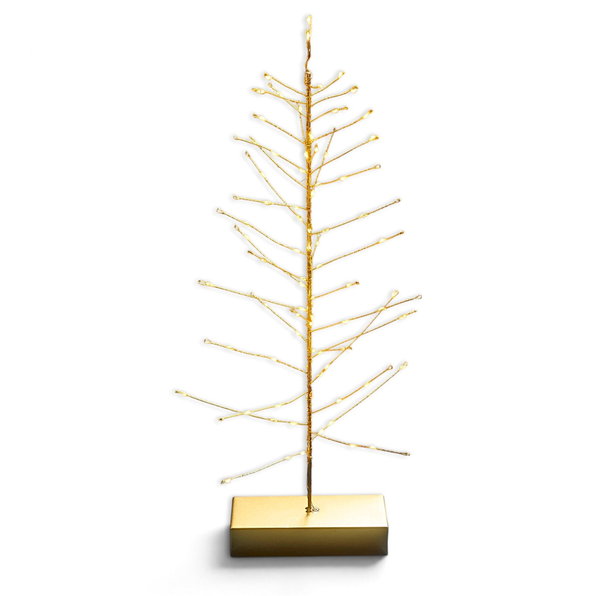 Gold festive tree illuminated by 80 warm white LEDs, measuring 12 inches wide and 16 inches tall.