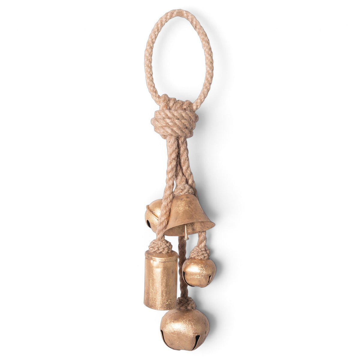 Five gold metal bells in assorted shapes hanging at staggered lengths from a knotted natural jute loop