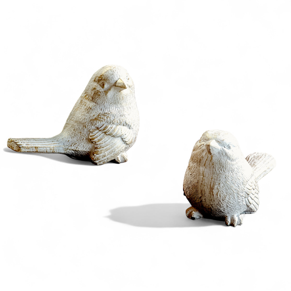 Pair of small cement bird figurines with distressed gold finish