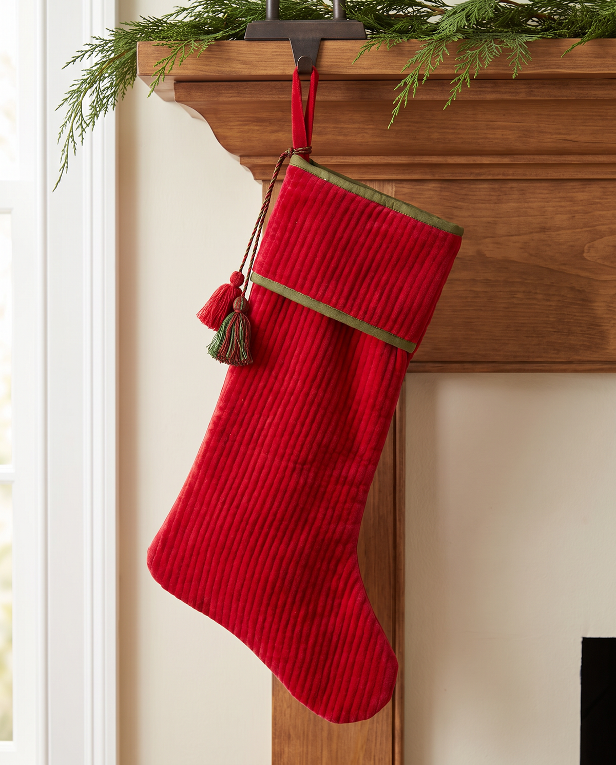 Red Quilted Cotton Velvet Stocking with Tassels