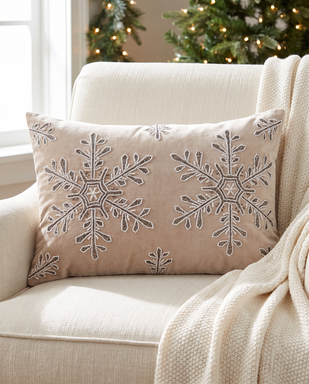 Beaded Snowflake Cotton Velvet Lumbar Pillow