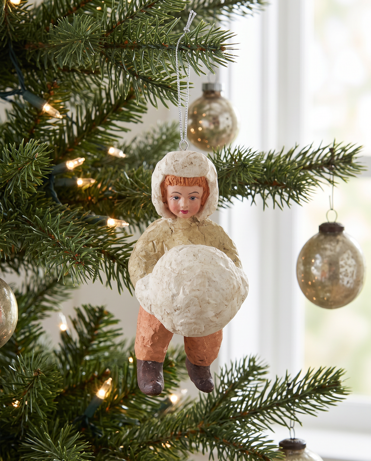 Vintage Inspired Boy Holding Snowball Ornament