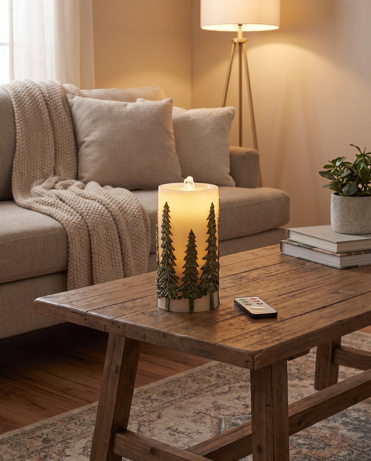 Green Embossed Tree LED Water Candle with Timer & Remote