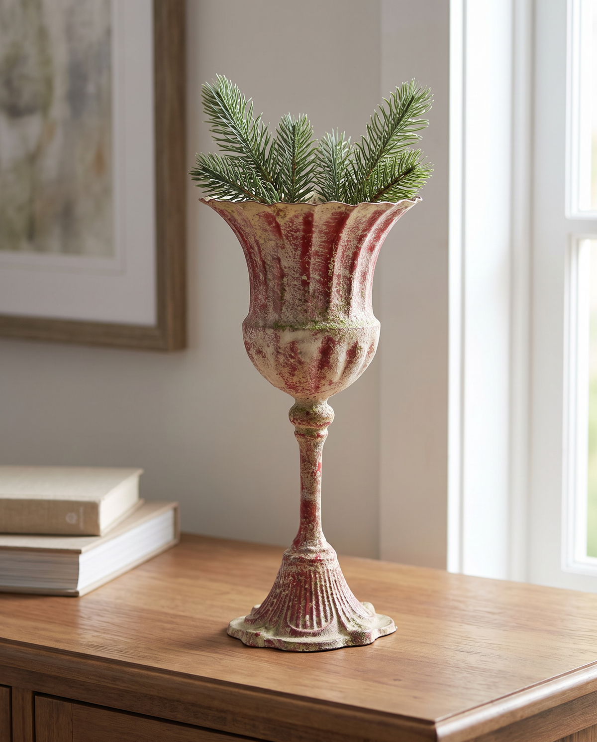 Distressed Red Metal Urn