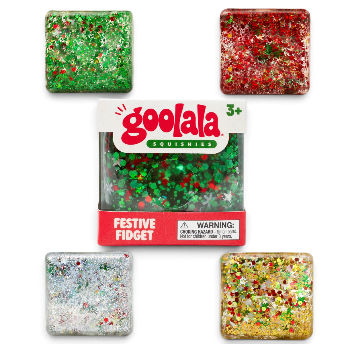 Goolala Festive Fidget Christmas squishy toys with glitter and confetti in green, red, silver, and gold, each sold individually