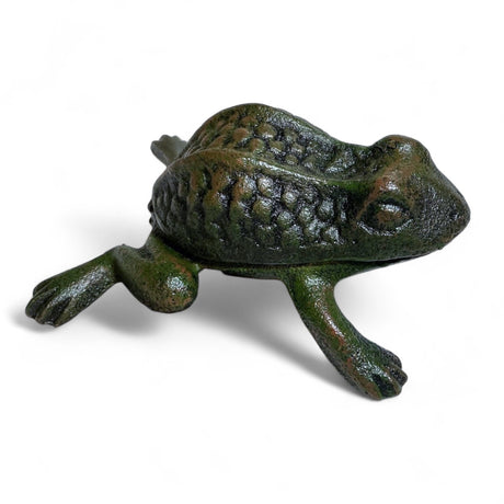 Green cast iron frog-shaped key holder with textured lid on beige book and rustic background
