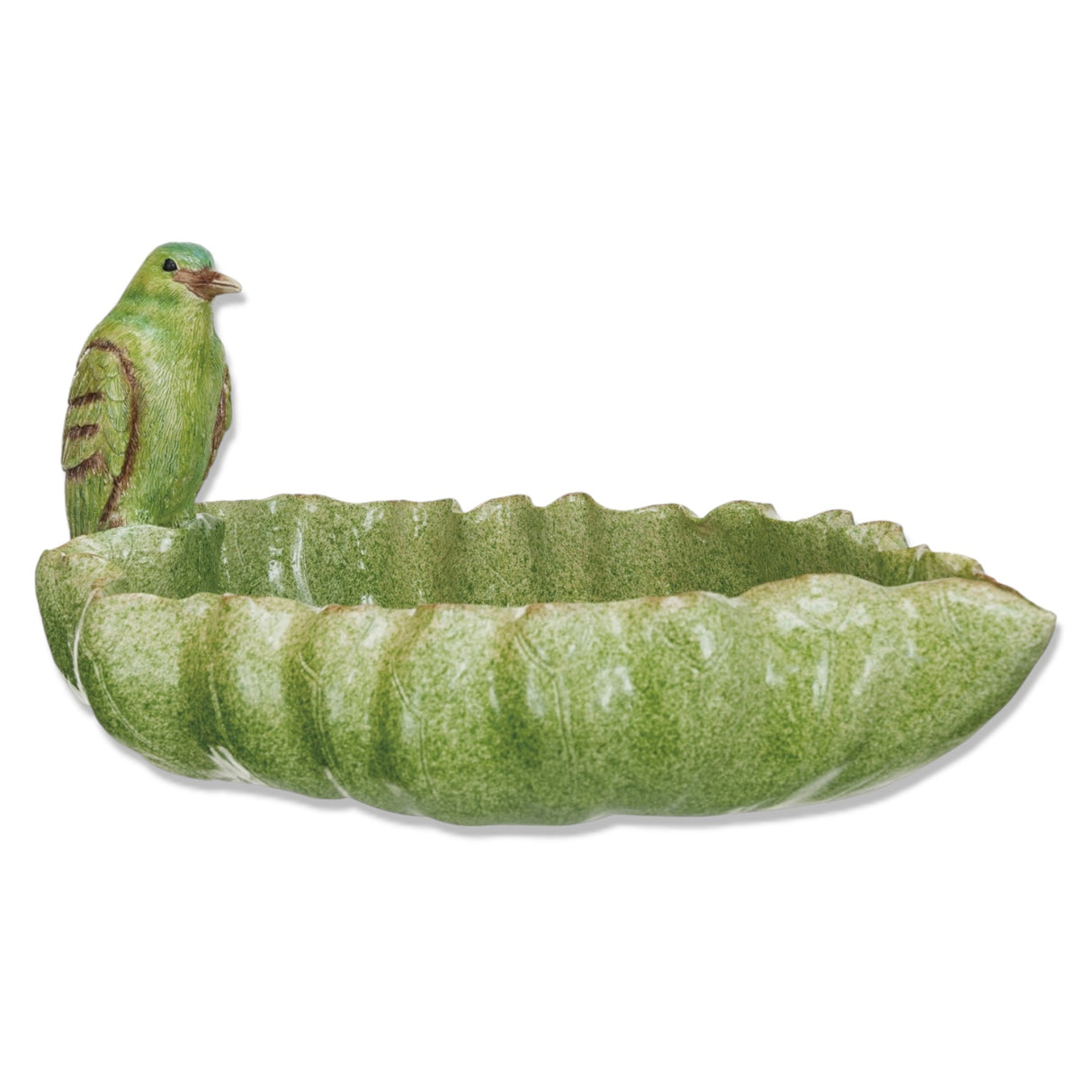 Green resin leaf-shaped decorative bowl with bird accent