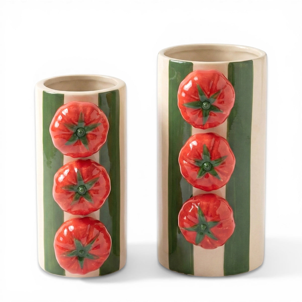 green striped ceramic vase set with tomato accents farmhouse kitchen decor