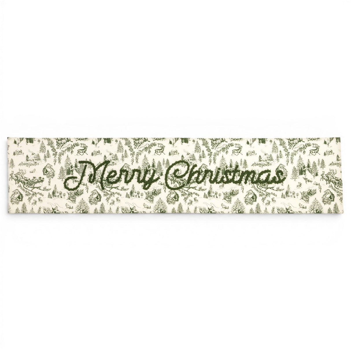 Green toile Merry Christmas cotton table runner with embroidered lettering