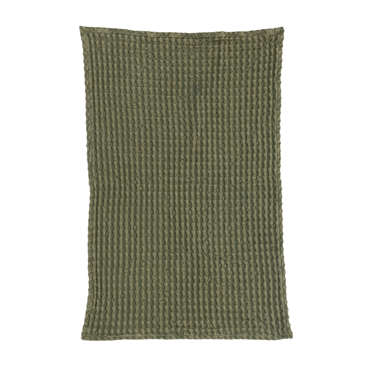 Green stonewashed cotton waffle weave kitchen towel, 28 by 18 inches