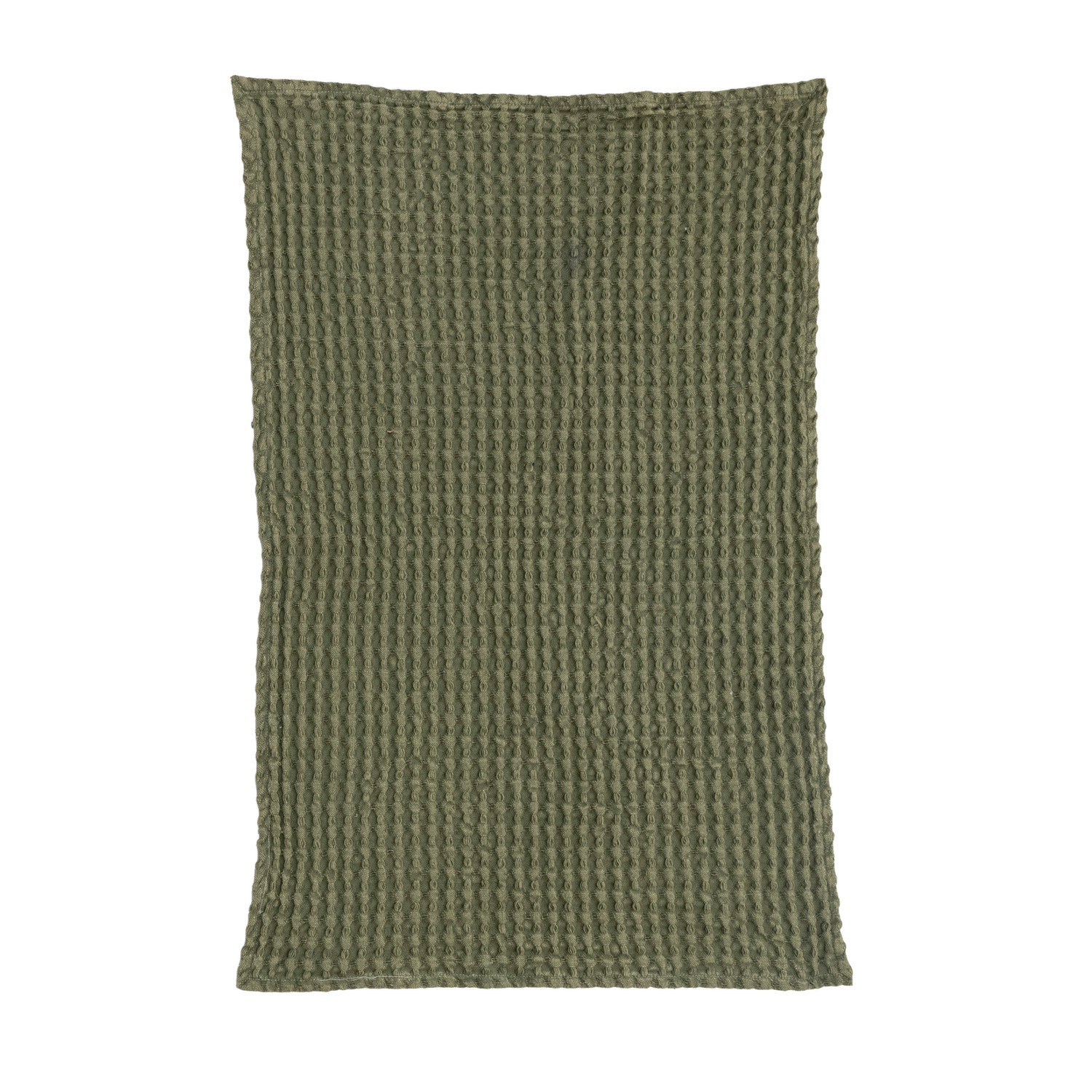 Green stonewashed cotton waffle weave kitchen towel, 28 by 18 inches