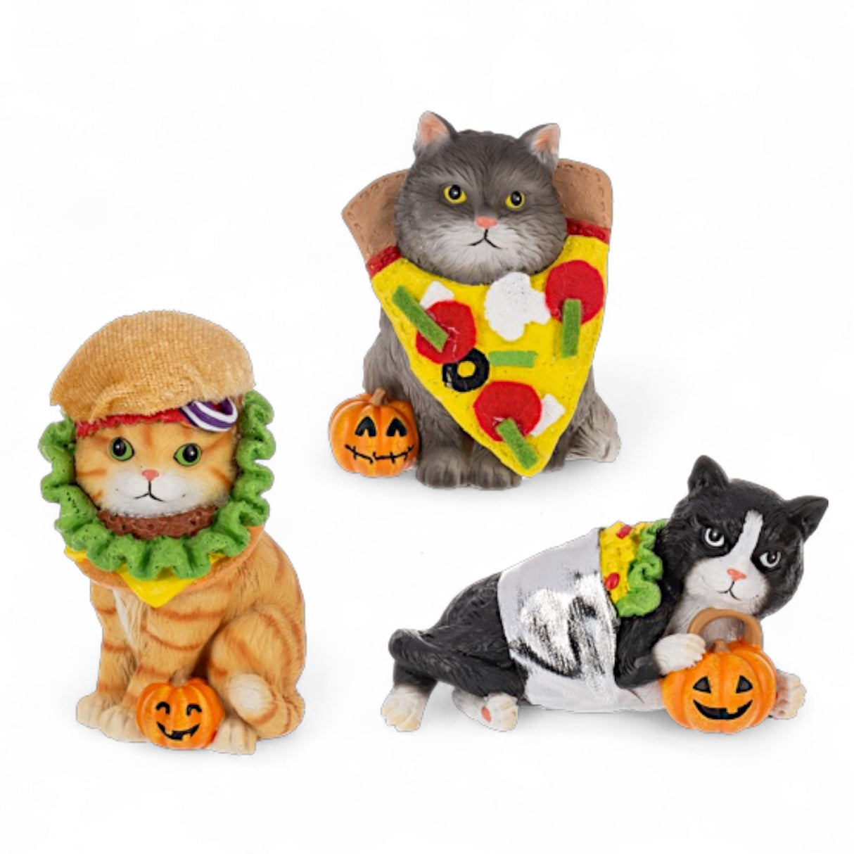 hree Halloween cat figurines dressed as a burger, pizza, and burrito, each holding a pumpkin pail