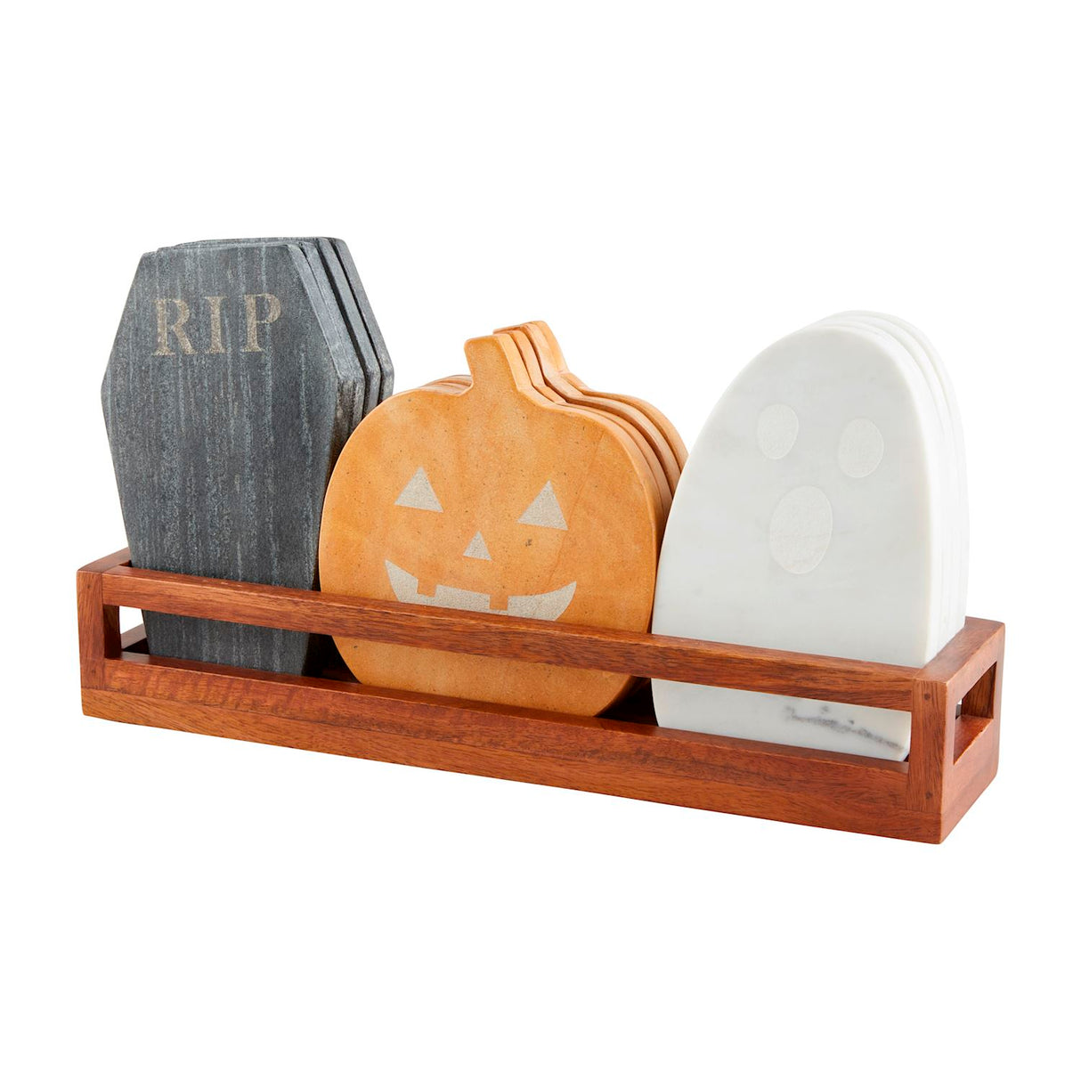Halloween marble serving boards in pumpkin, ghost, and coffin designs