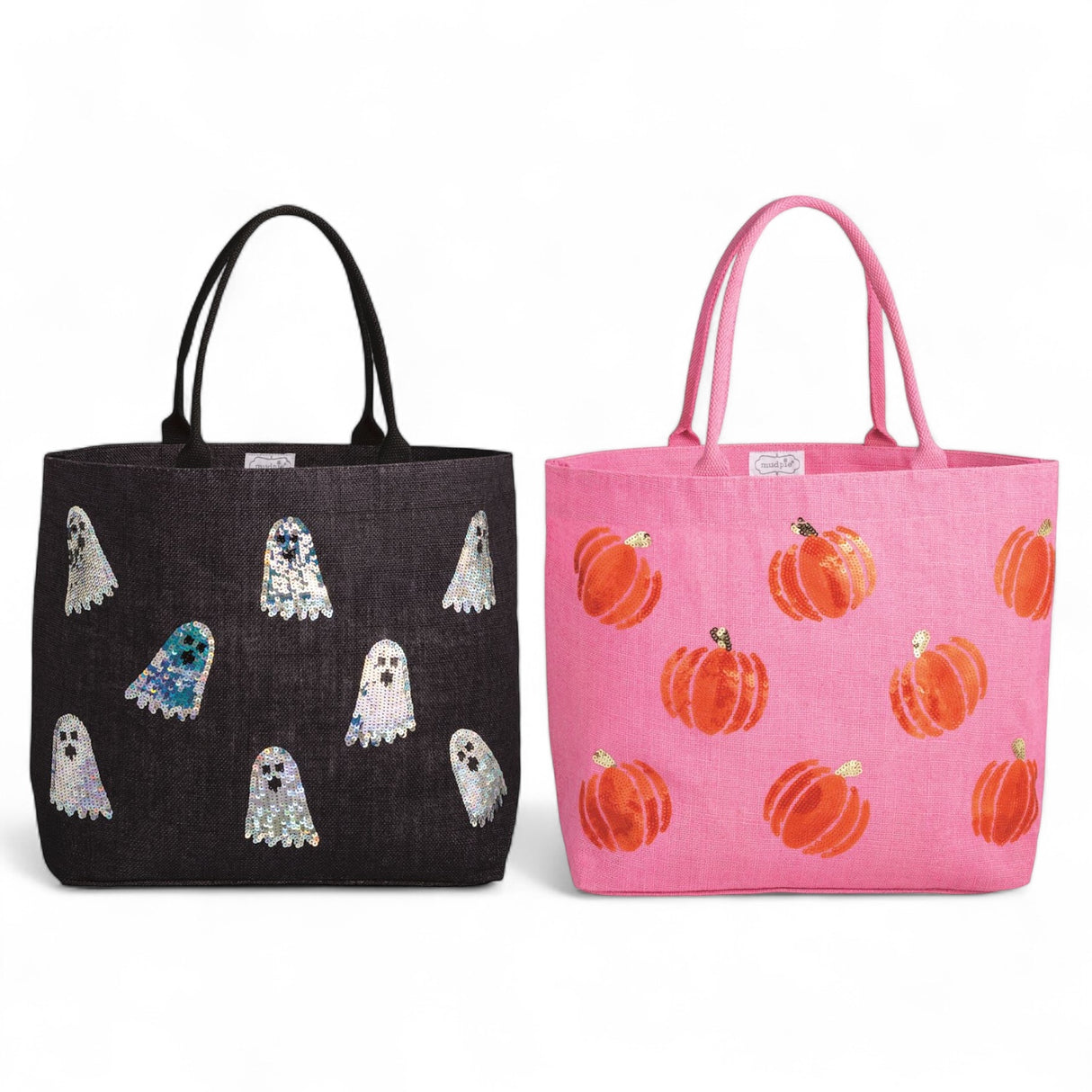 Black and pink Halloween sequin tote bags with ghost and pumpkin designs
