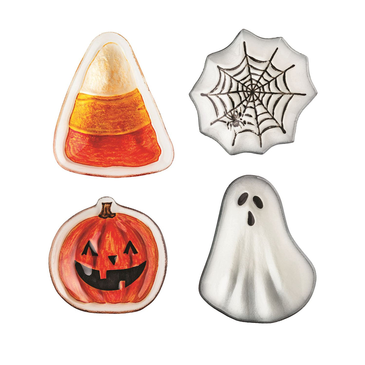 Halloween tidbit plates in candy corn, spiderweb, pumpkin, and ghost designs