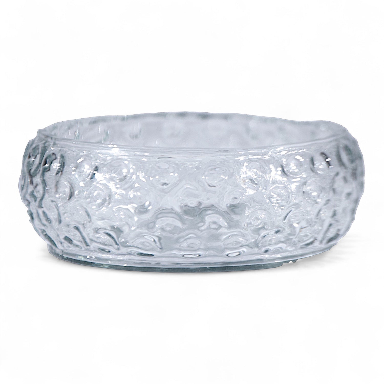 Clear hand-blown glass bowl with inverted hobnail texture