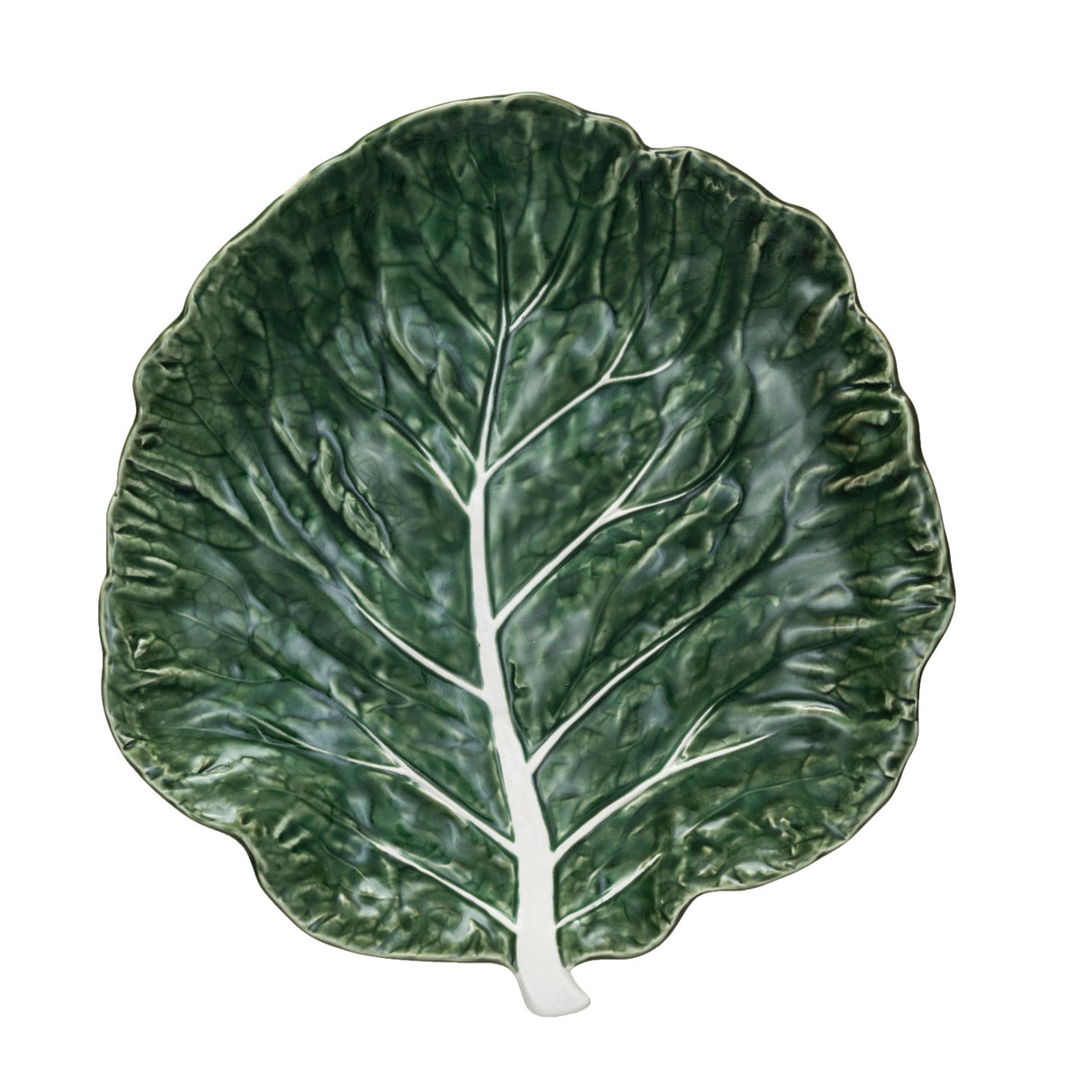 Hand-painted stoneware plate in the shape of a cabbage leaf